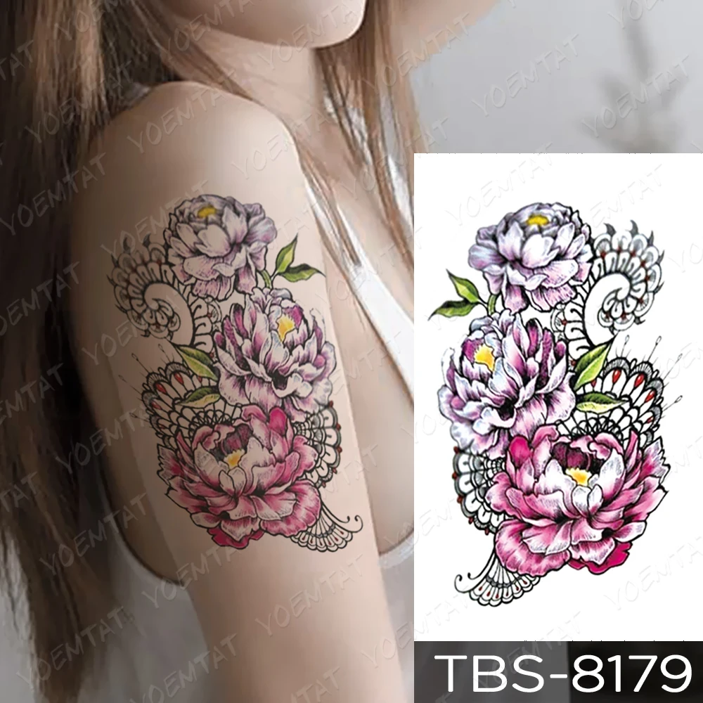 

Waterproof Temporary Tattoo Sticker Snake Peony Lace Flash Tattoos Rose Flower Body Art Arm Water Transfer Fake Tatoo Women Men