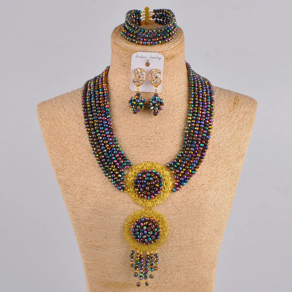 

multicolor plated african necklace nigerian beads jewelry set 6CLS01