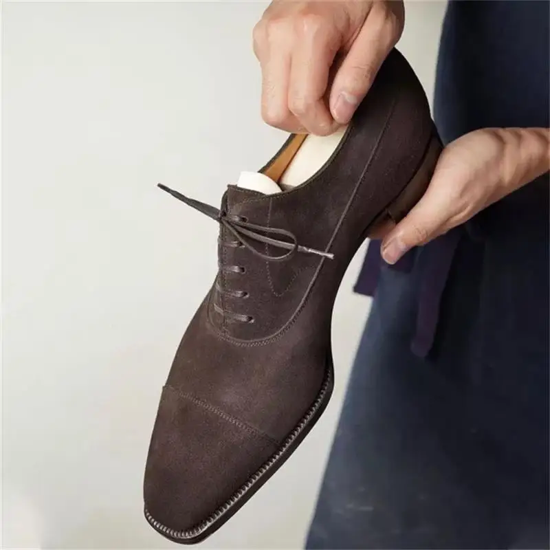 

New Men Fashion Trend Business Dress Shoes Handmade High-grade Brown Suede Square Toe Three-section Lace-up Oxford Shoes KR429