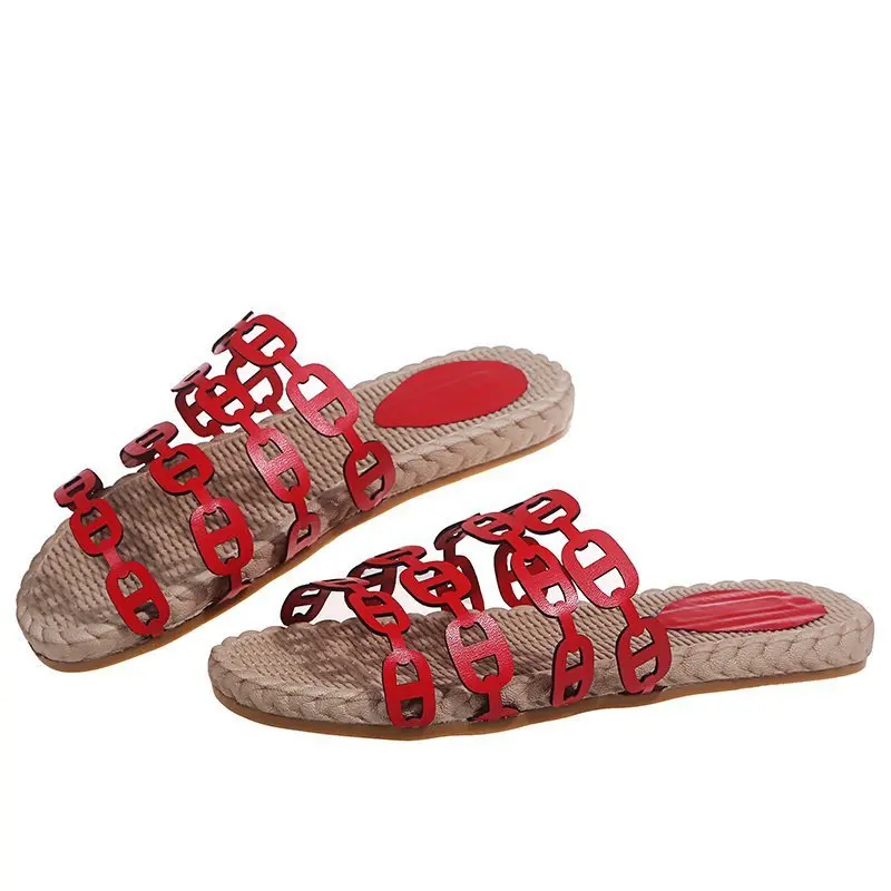 

2021 new large fashion leisure flat bottom chain beach one line sandals for women