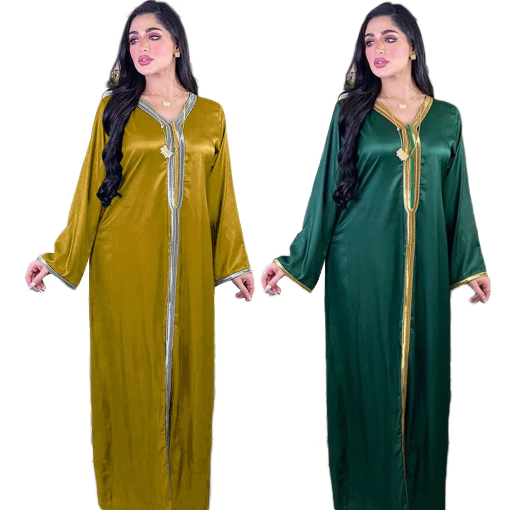 Мусульманское абайя, арабское атласное длинное платье, повседневное, с V-образным вырезом, в стиле пэчворк, с длинным рукавом, весна-осень, ма...