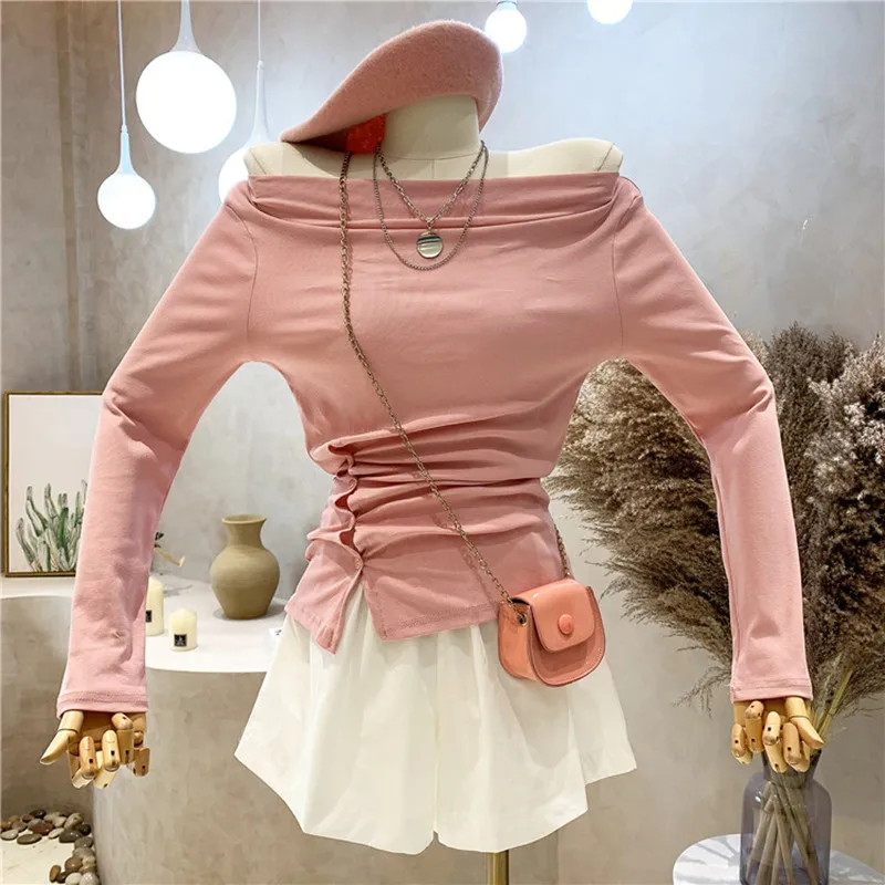 

Niche Design New Women Clothing Off Shoulder Long Sleeve Design t-shirt +elastic High Waist Wide Leg Shorts Pants Two Piece Set