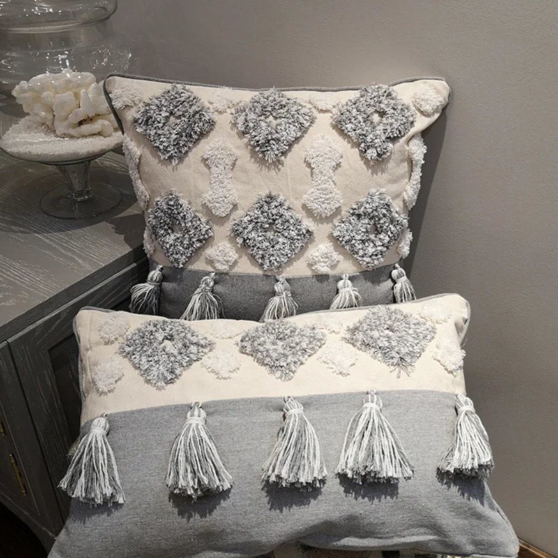 

Nordic With Tassel Pillowcover Sofa Cotton Canvas Tufted Embroidery Throw Cushion Cover Living Room Decoration Pillowcase 40727