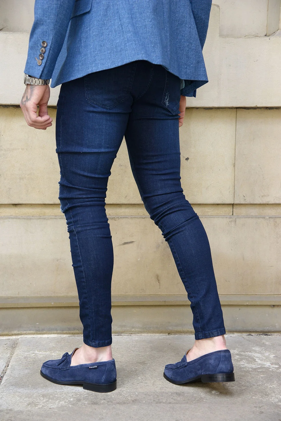 

Jeans Men Stretch Skinny Fit Bottom Zipper Knee Ripped Distressed Hole Biker Jeans Pants Hip Hop Street Big Size