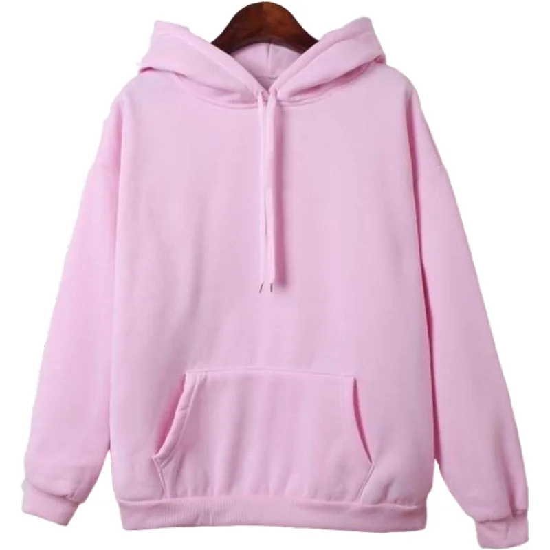 

Pink Solid Casual Hooded Sweatshirt Women 2020 Autumn Winter Long Sleeve Drawstring Hoodies Korean Style Female Pocket Pullover