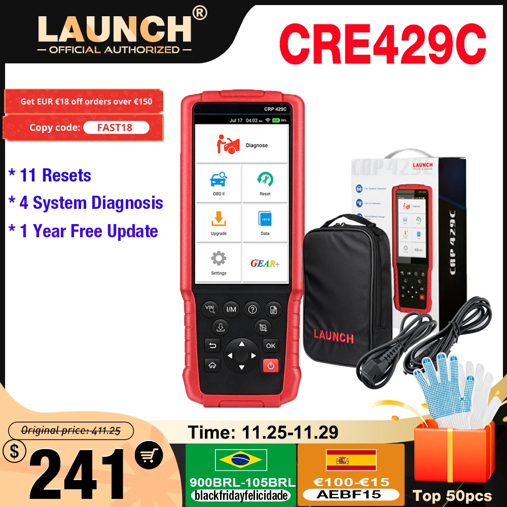 

Считыватель кодов Launch CRP429C OBD/OBDII, 4 системы, 11 специальных услуг, ABS/SRS/ENG/AT X431, диагностический инструмент, автоматический сканер CRP429