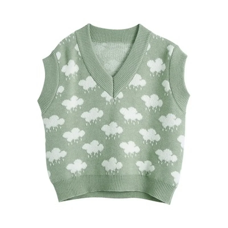 

Women Harajuku Fashion Sweet Clouds Jacquard Knitted Vest Sweaters V-Neck Sleeveless Knitwear Female Preppy Style Casual Tops