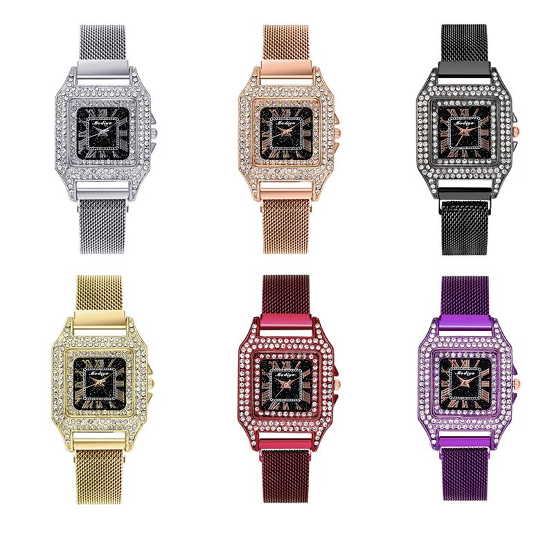 Квадратные бриллиантовые женские часы с магнитным сетчатым ремешком люксовый