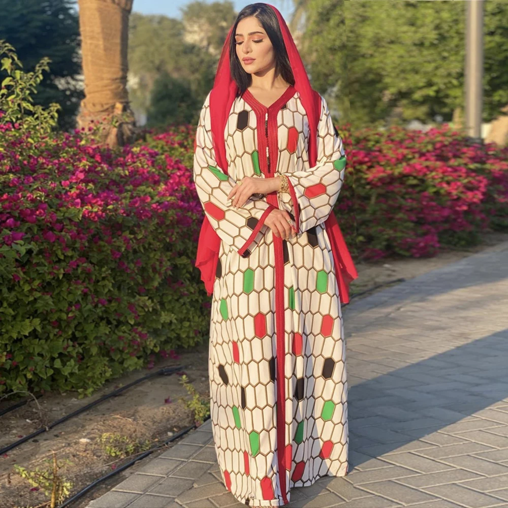 

Women Dubai Jalabiya Abaya Loose Printed Braided Trim Full Sleeves Maxi Dress Party Muslim Gown Kuwait Arabic Clothes Ethnic Eid