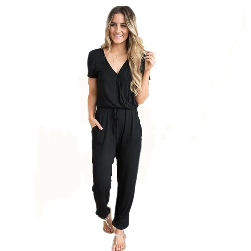 

Women Jumpsuits Summer 2021 T-shirts Ninth Pants Black Rompers Elegant Draw String Waist Gray Overalls Female Outfits Sportswear