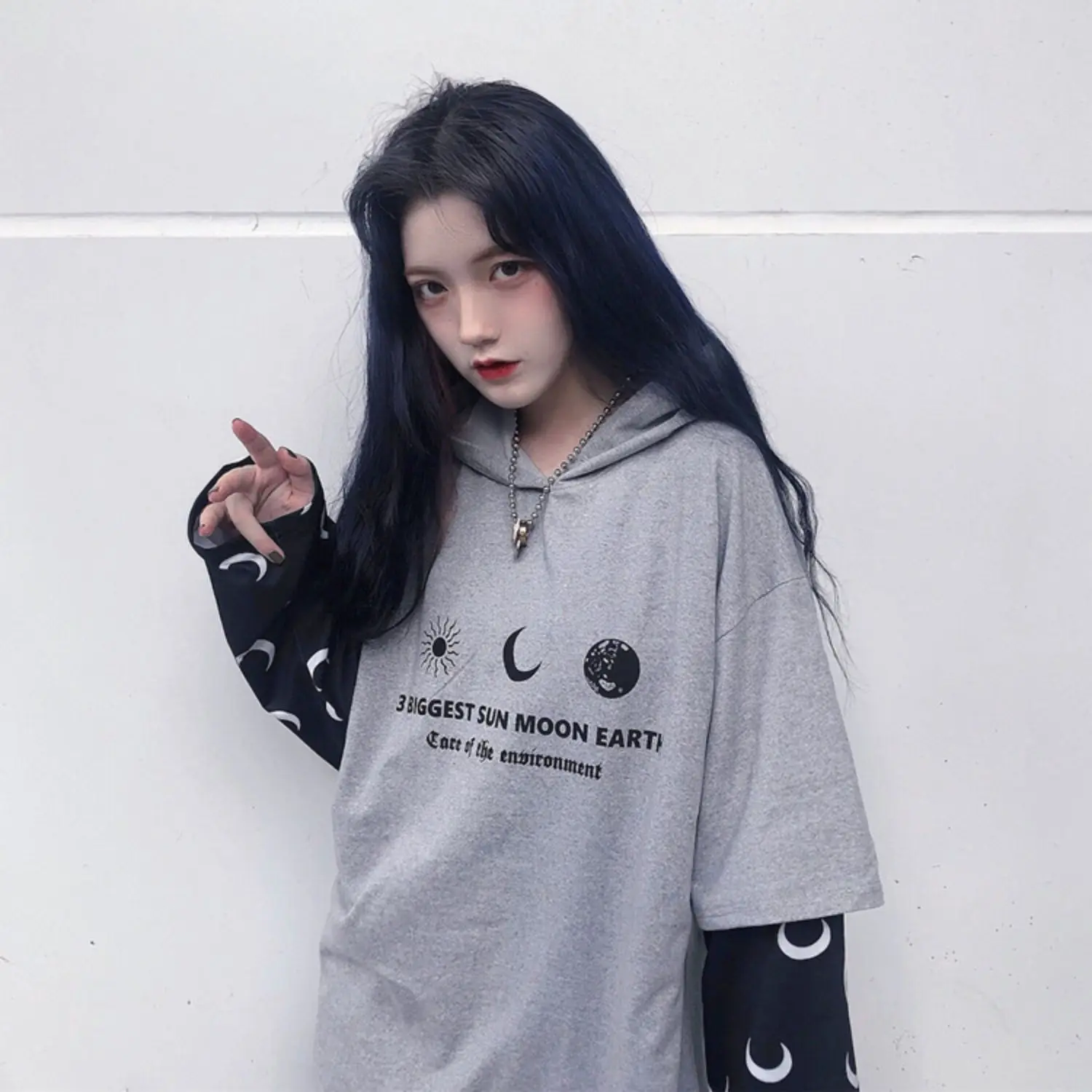 Harajuku уличная Винтажная Футболка для женщин, одежда, осень, корейский Ulzzang, с принтом, с капюшоном, Футболки женские, полный поддельные два топа