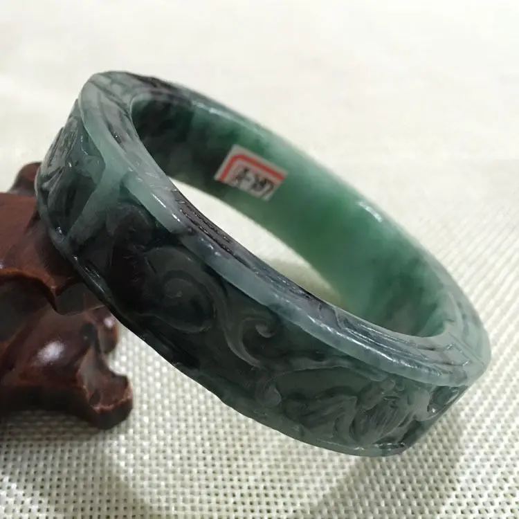 59mm Vintage Chinese Hand-carved Black Green Jadeite Jade Bracelet Bangle 787 | Украшения и аксессуары