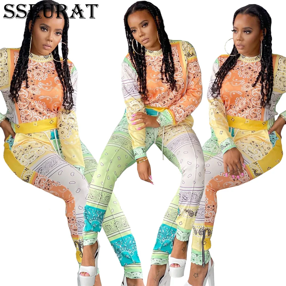 

SSEURAT Bandanna Paisley Print Women's Set Streetwear Long Sleeve Tops and Pants Matching Two 2 Piece Set Autumn Sport Outfits