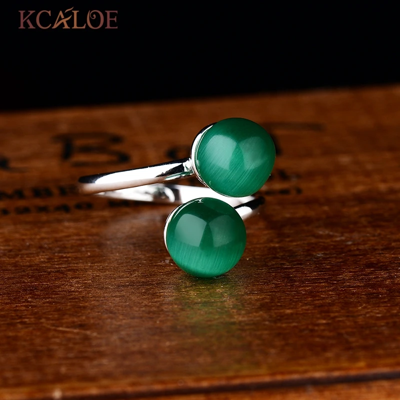 Кольцо с Двойными Шариками Натуральный Зелёный Опал Камень Посеребрённый Металл