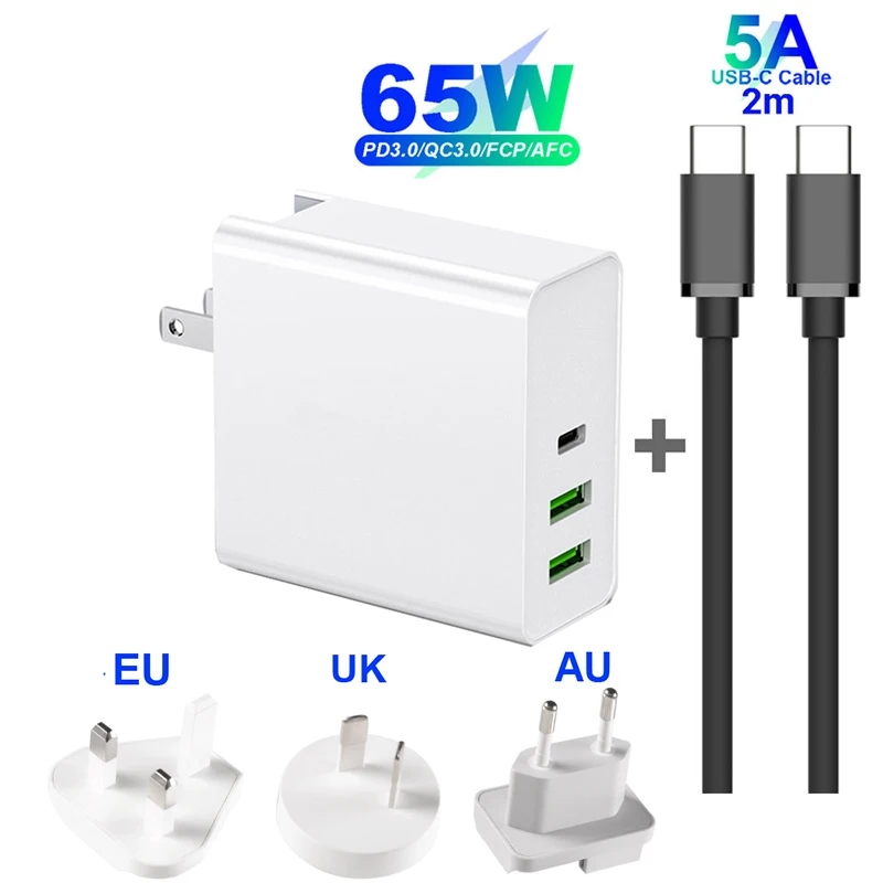

3 Port 65W Type-C USB-C Power Adapter, 1 port PD Charger For Laptops MacBook Pro / Air iPad Pro, 2 port USB for Samsung iPhone