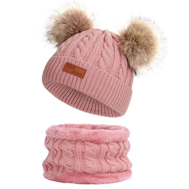

Children's autumn and winter neck hat set knitted wool hat neck set warm baby hat scarf two-piece set plus velvet.