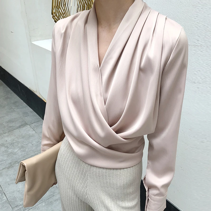 

Elegant Satin Women Blouse Sexy V neck Office Ladies Blouses Shirts Casual Solid Long sleeve Spring Summer Female Party Tops