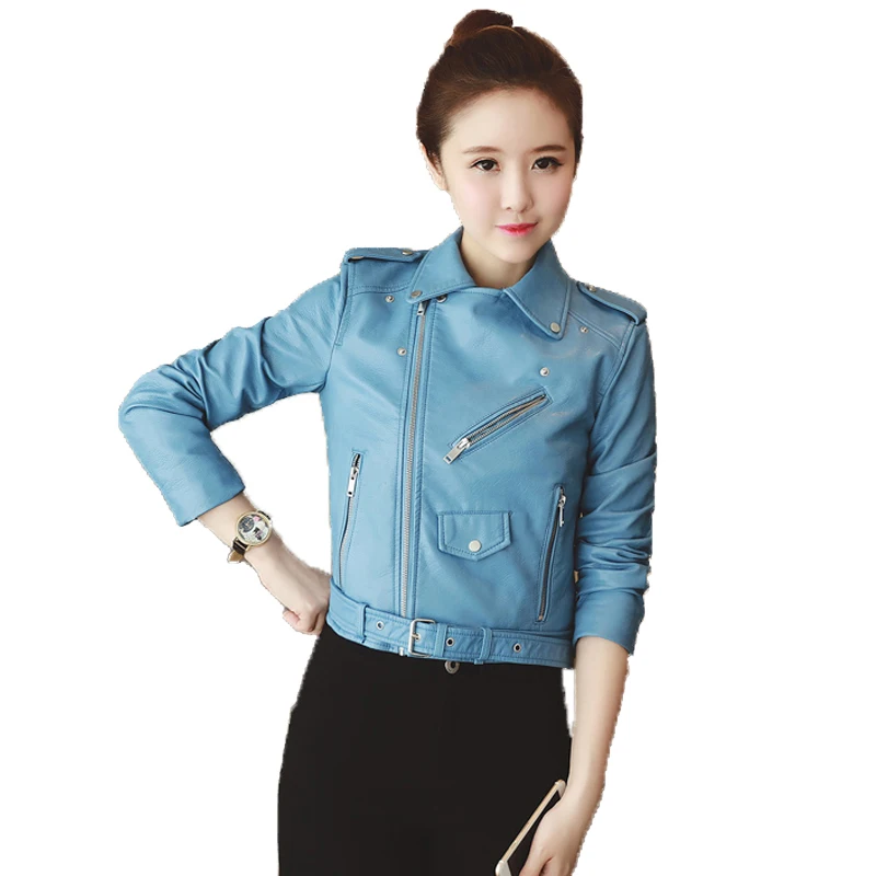 Куртка женская демисезонная из искусственной кожи с отложным воротником|womens