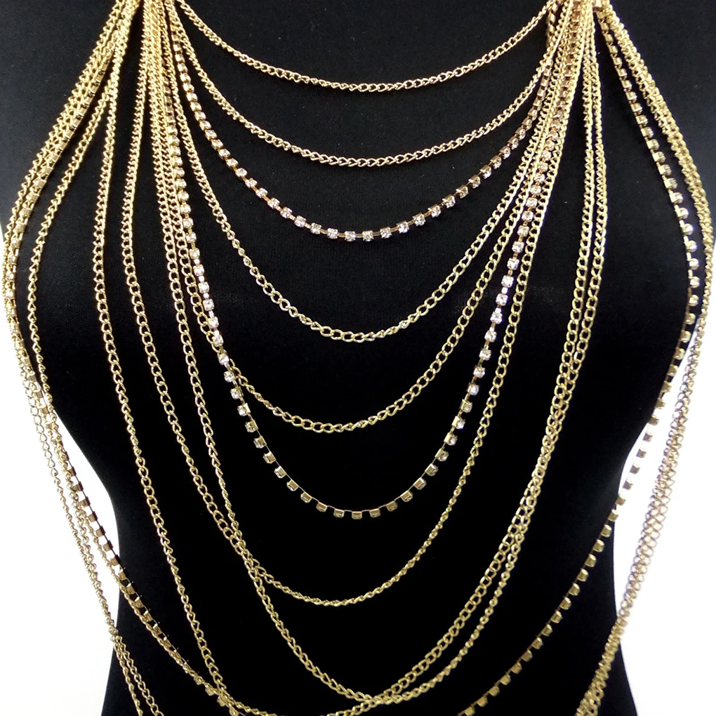 Женская многослойная цепочка с кисточками золотистая массивная для тела
