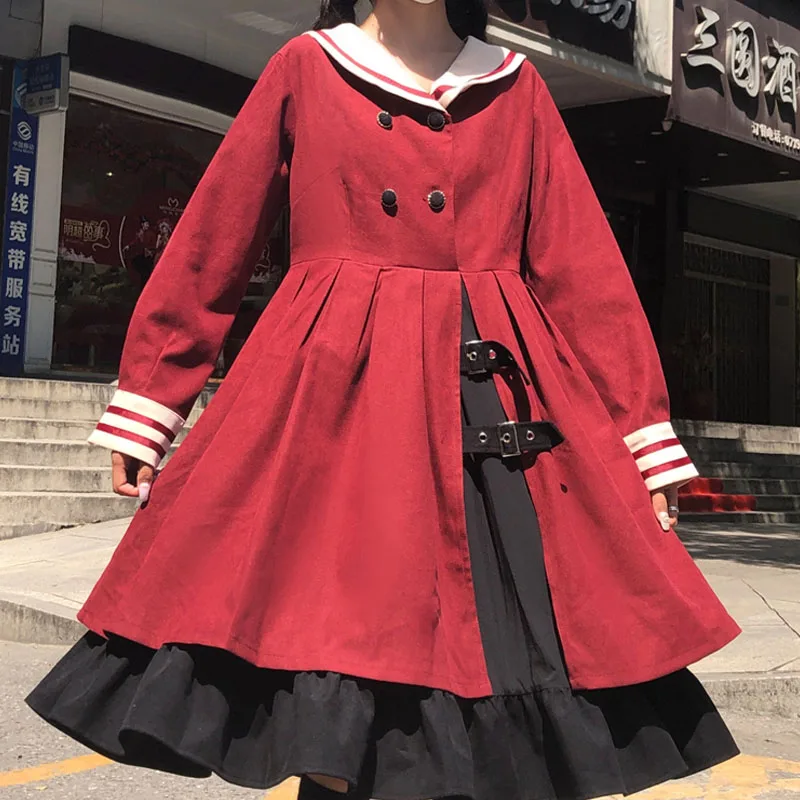 

Japanese 2020 Vestidos Autumn Lolita Style Women Baggy Corduroy Cute Dress Gothic Elegant Dress Navy Collar Little Red Dress