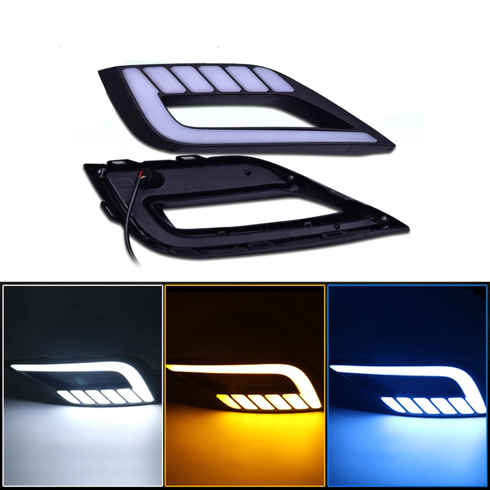 

Car Drl Led Daytime Running Lights With Turn Signal Yellow For Volkswagen Lamando 2015 Bule Night Light 12v Replace Fog Lamp