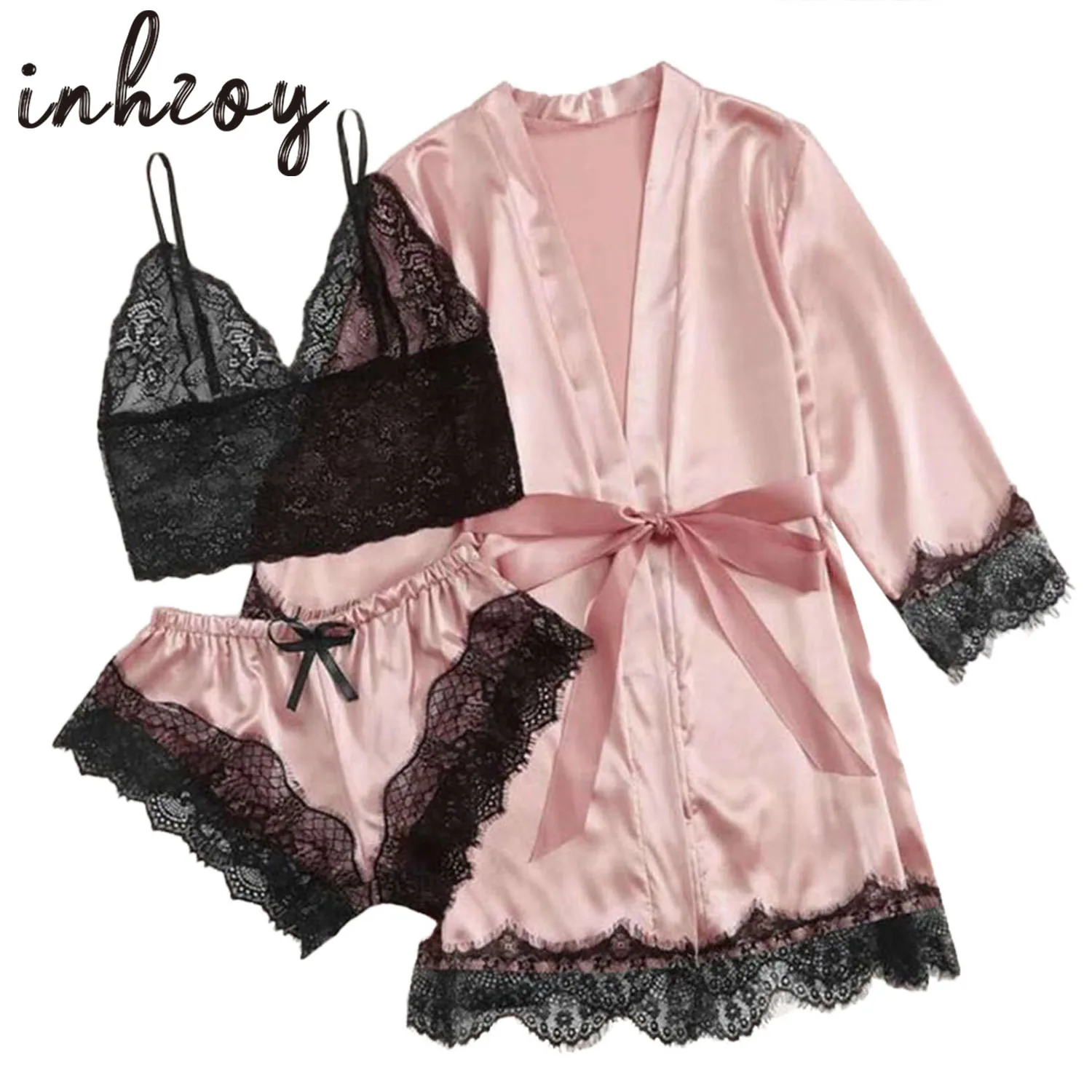 

3Pcs Women Sleepwear Floral Lace Trim Satin Cami Pajama Set with Robe