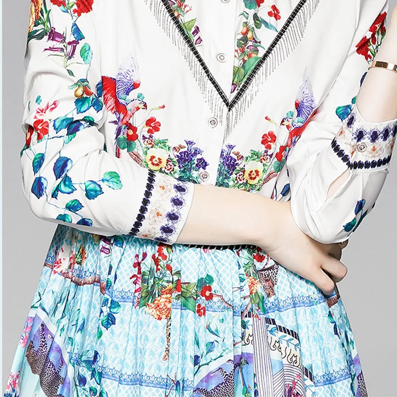 

2020 New Spring Women Runway Dress Blue Long Sleeve Plus Size Print Vintage Dresses Ladies Party Elegant Slim Midi Dress Vestido