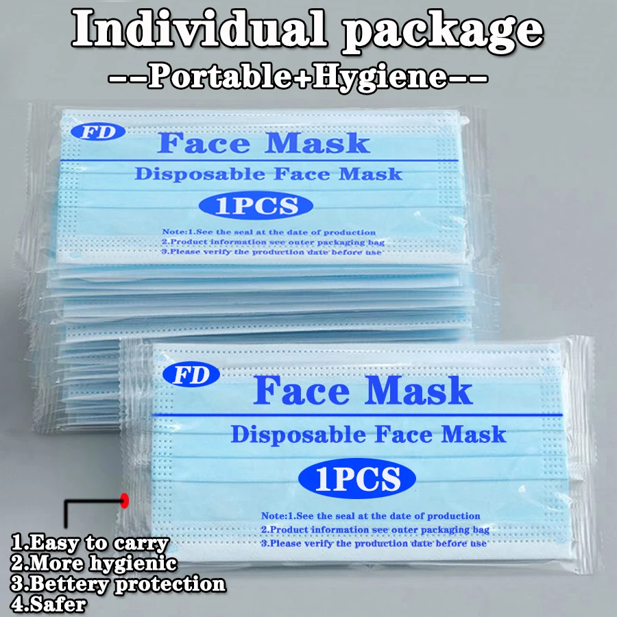 

In Stock Individually Packaged Mask Melt Blown Cloth Disposable Face Masks 3 Layers Ear Loop Black Blue High Quality Mouth Mask