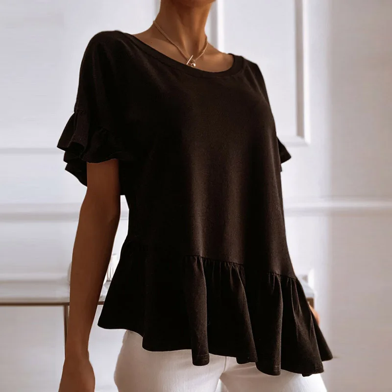 

Women Elegant O-Neck Short Sleeve Harajuku Tops Blouse 2021 Summer Fashion Irregular Ruffle Shirts Casual Solid Color Blusas