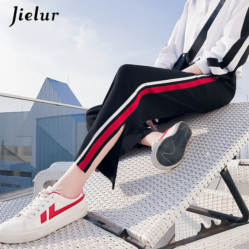 Jielur Autumn Loose Split Casual Korean Women Pants White Red Green Striped Hipster Wide Leg Straight Classic Trousers XXL | Женская