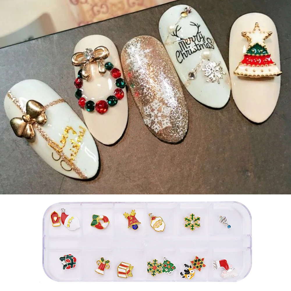 Manicure Christmas Nail Stickers Turntable Snowman Santa Gift 12 Pack Alloy Rhinestones Decorate Your | Красота и здоровье