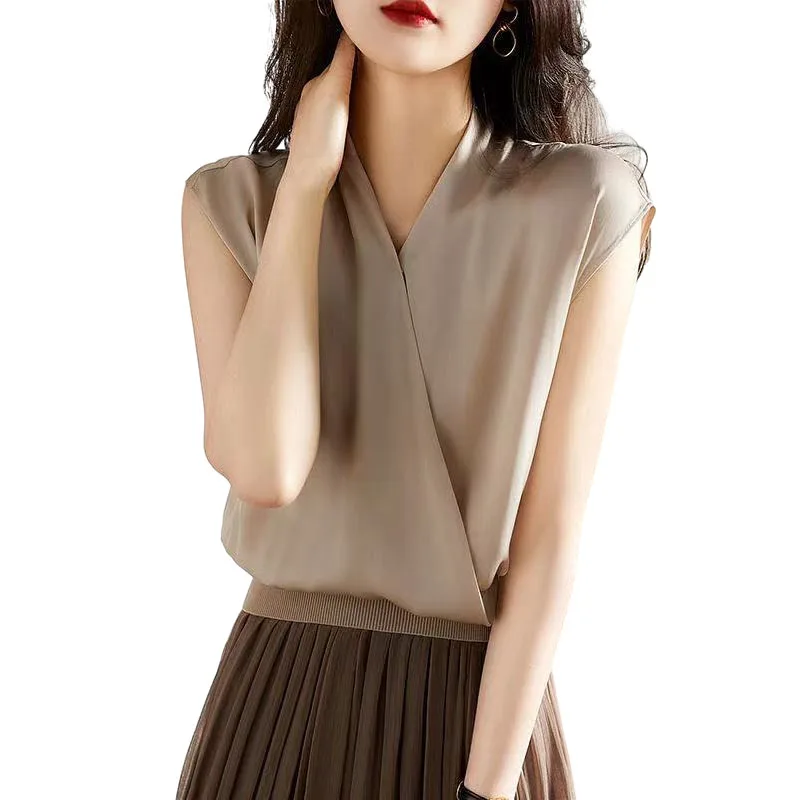 

Women Soft T-shirt V Neck Solid color Lady Tees Sleeveless Summer Women's clothings All match Female T-shirts