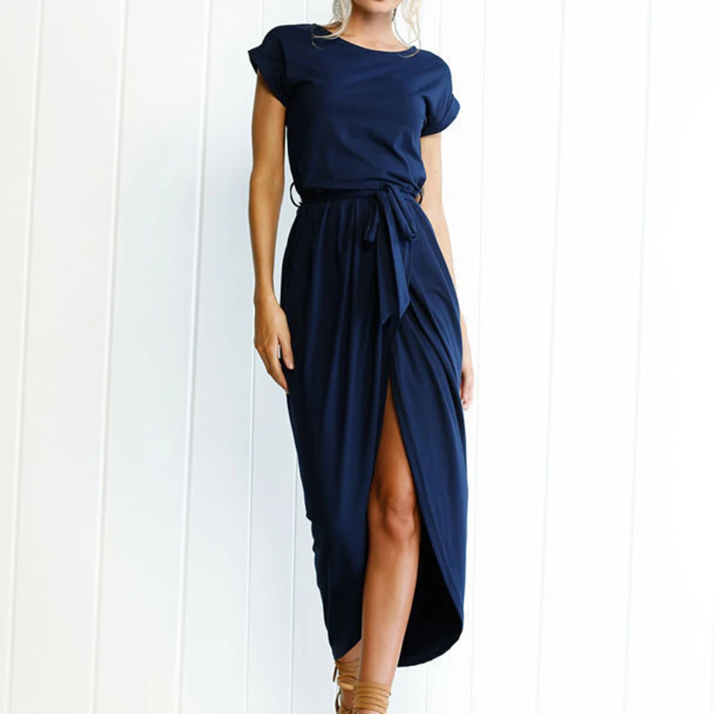 Женское однотонное платье с коротким рукавом трикотажное длинное пляжное