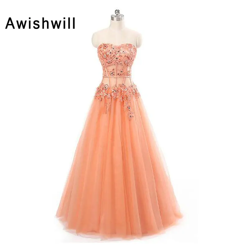 

New Fashion Strapless A-line Floor Length Prom Dresses Long Beaded Appliques Tulle Boned Party Pageant Dress Formal Evening Gown