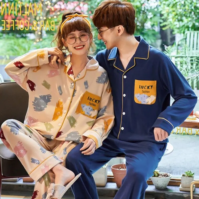 Couples Lovers Pajamas Set Cartoon Sleepwear Homesuit Moon Print Spring/Autumn Pijama Women's Men Night Wear Cotton Mujer Casual