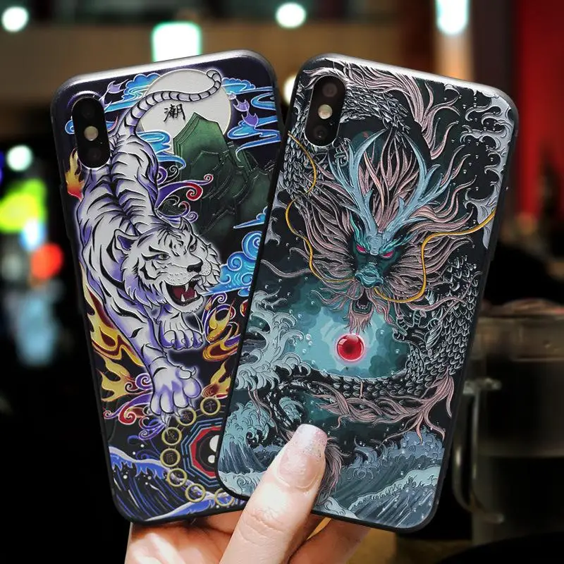 

For iPhone 12 XR XS 11 Pro Max Mini X SE 2020 8 7 Plus 6 6s Case 3D Relief Dragon Tiger Pattern Matte Soft Drawing Cover Funda