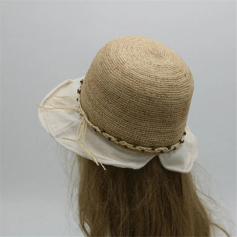 

202106-xinghui new grace raffia grass patchwork cloth brim sunshade leisure lady bucket cap women fishermen hat