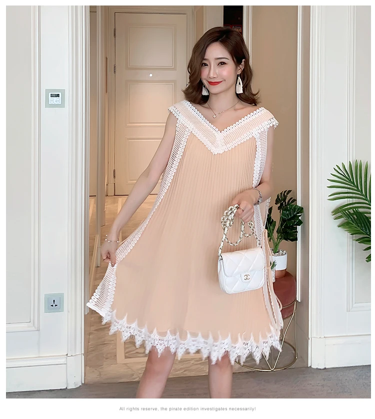 Summer Sleeveless/Long Sleeve Maternity Chiffon Pleated Dress V-neck Lace Patchwork Tassel Hem Pregnant Women Dress Sweet