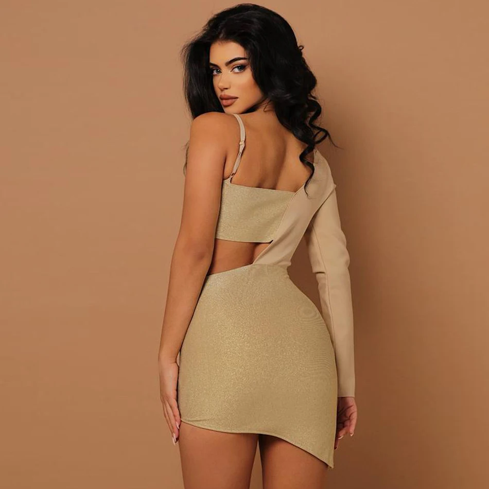 

High Quality Women'S Spring 2021 Sexy One-Shoulder Long-Sleeved Hollow Bandage Dress Bodycon Celebrity Club Party Dress Vestidos
