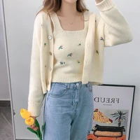 2021 autumn and winter womens cardigan vest suit elegant embroidery floral v neck sweater long sleeve fashion two piece suit