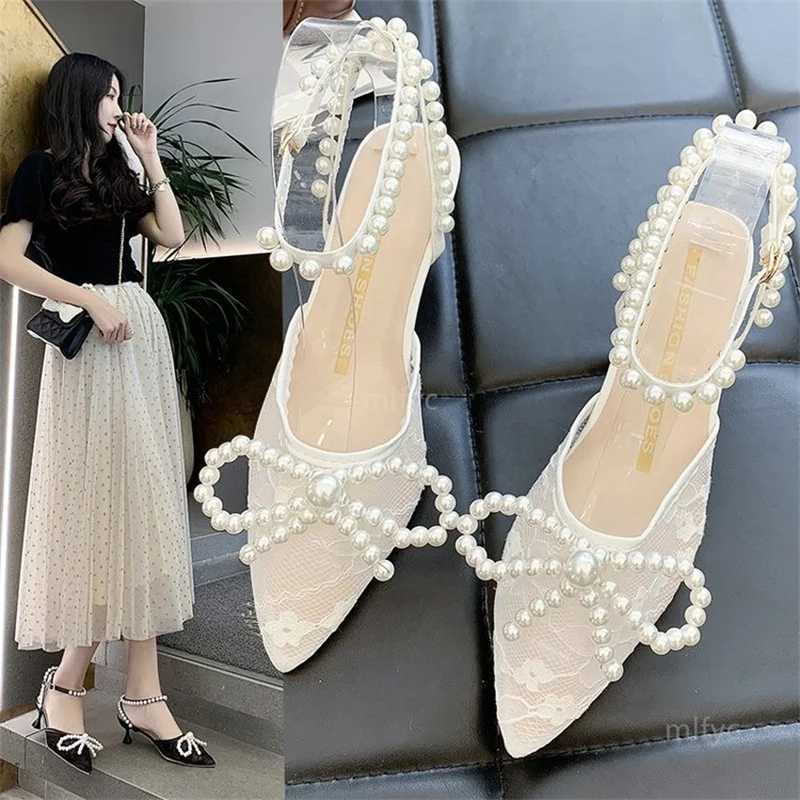

2021 summer new pearl one word with pointed toe net yarn toe cap sandals bow fairy style stiletto high heels shoes for women