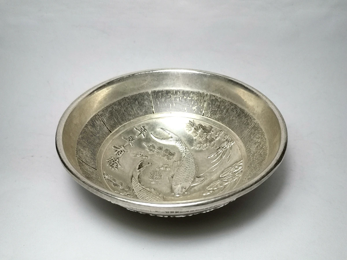 

YIZHU CULTUER ART Collection China Tibet Silver Carving Lotus Fish Dragon bowl Dish cup Ornament Gift
