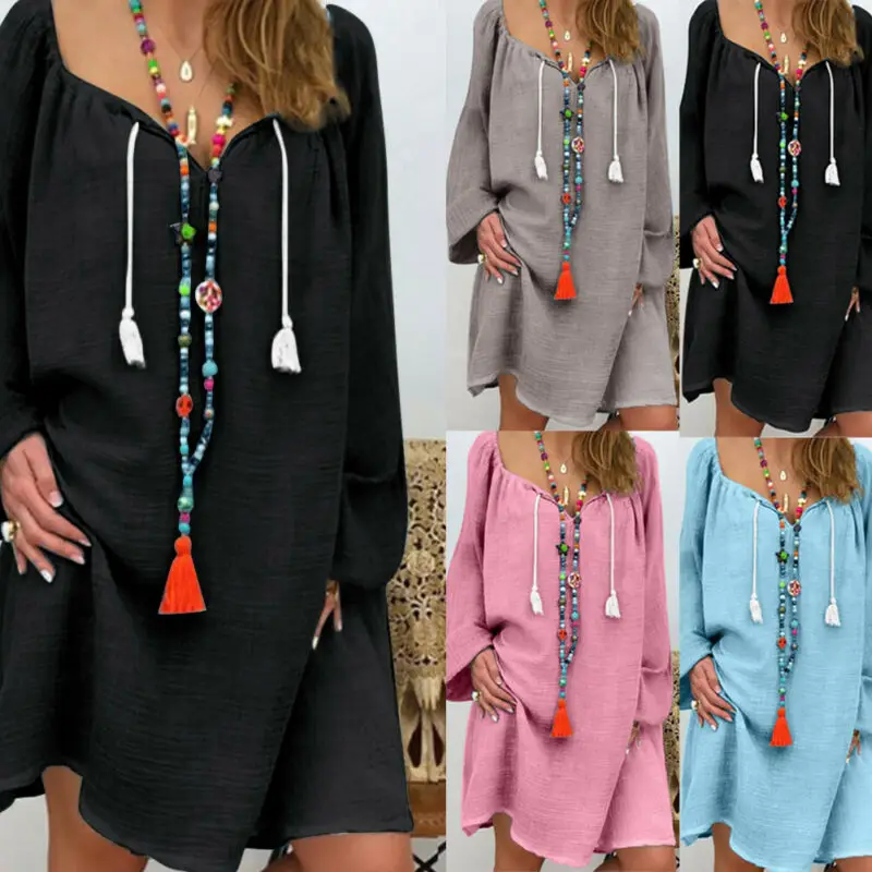 Летние женские платья из хлопка и льна Макси платье в стиле бохо свободный кафтан