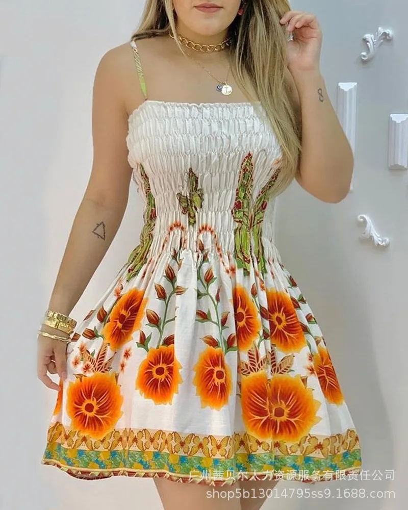 

2021 New Full Floral Sexy Crumpled Sling Dress-positioning Printing