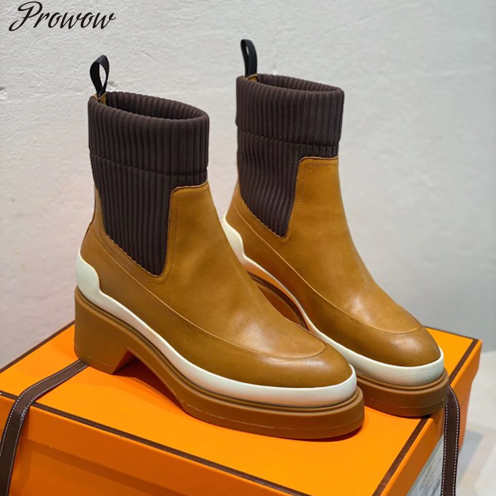 

Prowow Autumn/Winter Women's Ankle Boots Genuine Leather and Cotton Fabric Patchwork Women boots Slip-on Mid Heels Ladies Shoes