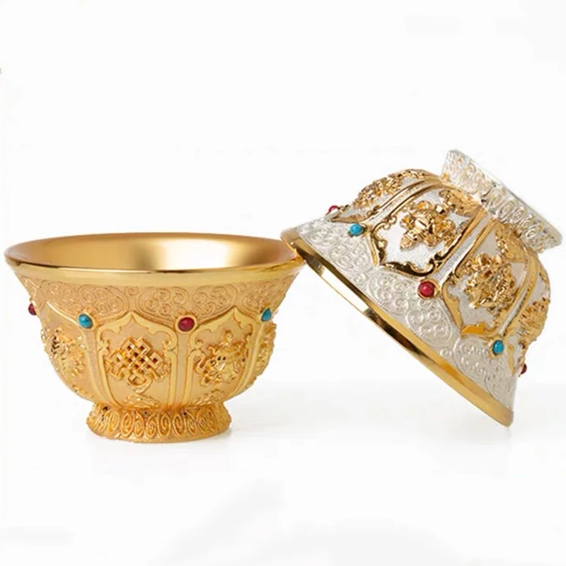 

1pcs Gilt Buddha Bowl Inlaid Gem Handicraft Alloy Tibetan Holy Water Cup Tantric Buddhist Bowl Home's Gift Collection Decorative