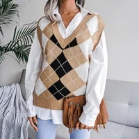 5 color women color block knit sweater vest casual sleeveless argyle pattern v neck jumpers fall winter female warm clothing top
