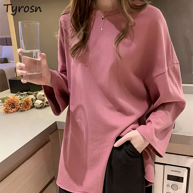 

Long Sleeve T-shirts Women Design Side-slit Oversize Tshirts Mujer O-neck Loose High Street Solid Tops Hot Sale Korean Fashion