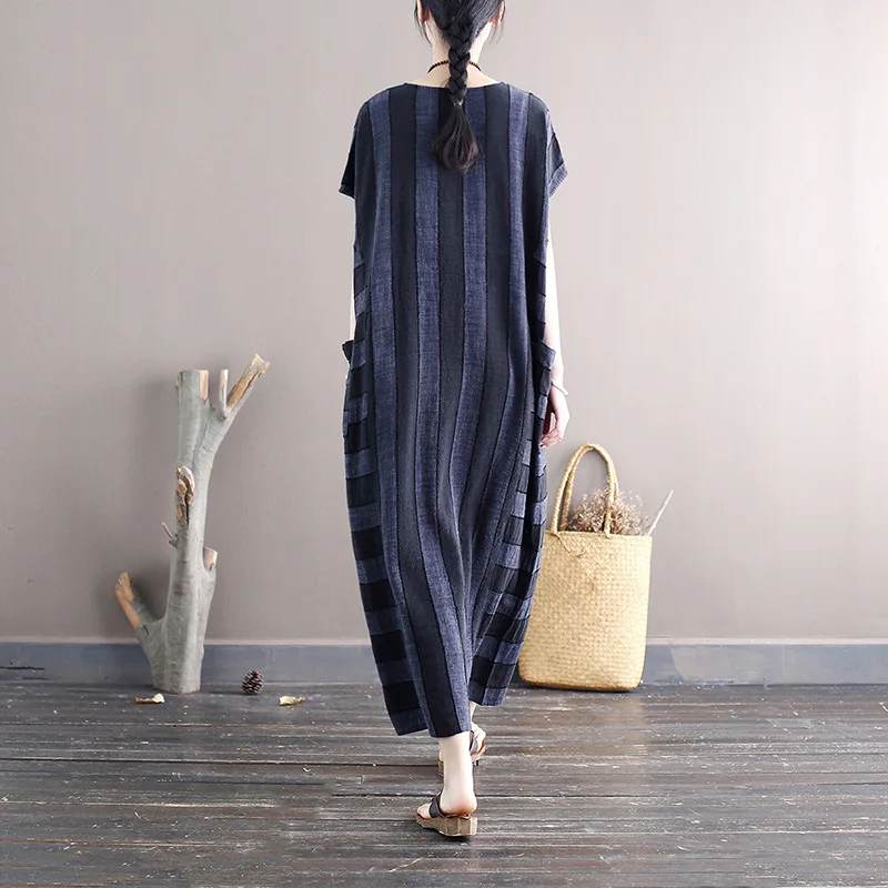 

NINI WONDERLAND 2021 Summer Stripe Cotton Linen Vintage Retro Dress Women Short Sleeve Loose Casual Dress Nation Style Dresses