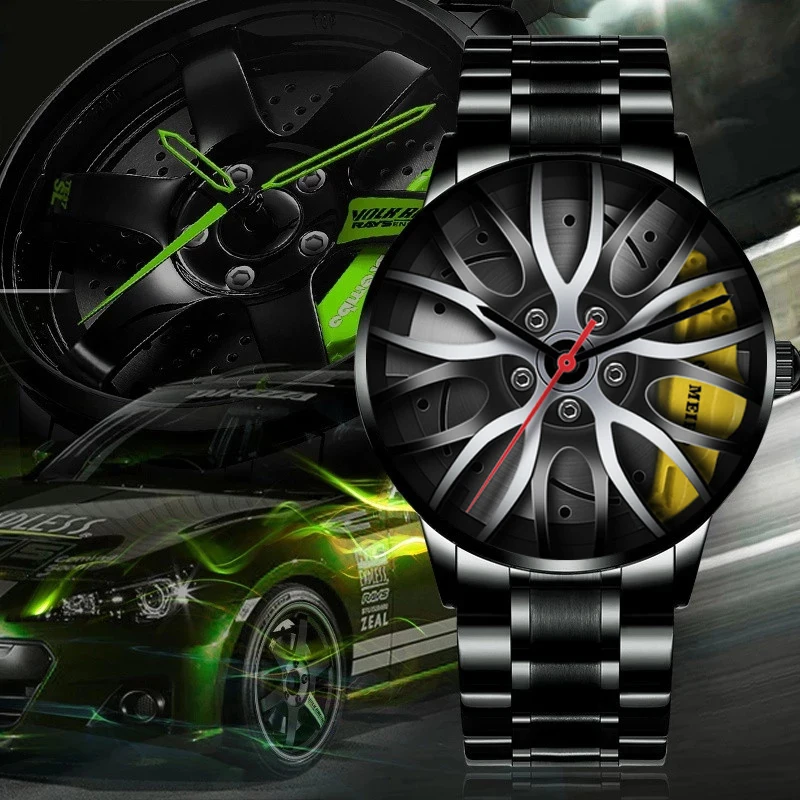 

Luxury Mens Car Wheel Watches Sports Waterproof Quartz Wrist Watch Men Black Stainless Steel Wheel Hub Watch relogio masculino
